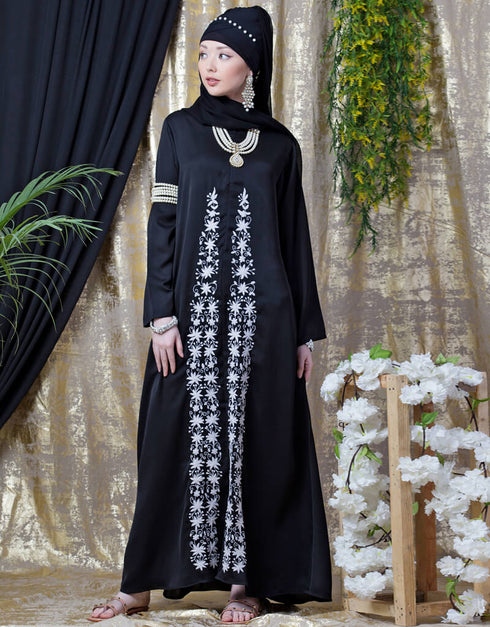 Dubai Front Embroidered Zip At Neck Nida Abaya White